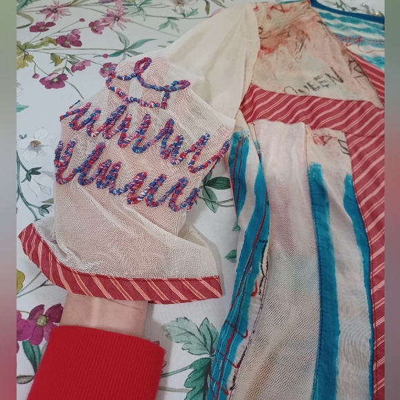 Save the Queen mixed media button front top sailboat print mesh 3/4 sleeves LG - Picture 9 of 14